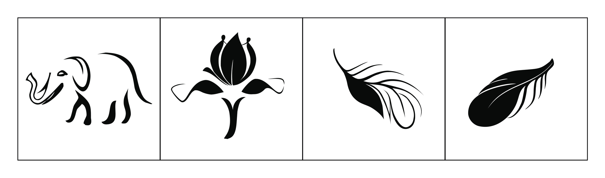 A set of four identity marks in black: a floral mark, two feather-inspired marks, and an elephant mark.